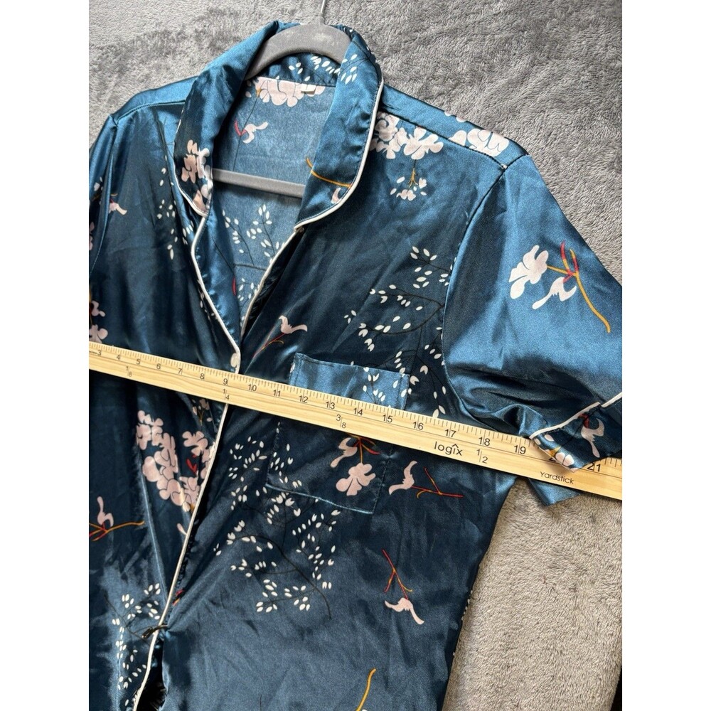 Blue Satin Floral Pajama Set Collared Button Front Piping Short Sleeve - L - Picture 9 of 10